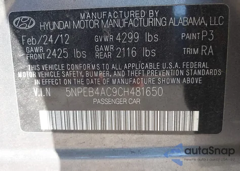 2012 Hyundai Sonata Gls из США, поврежденный, VIN 5NPEB4AC9CH481650